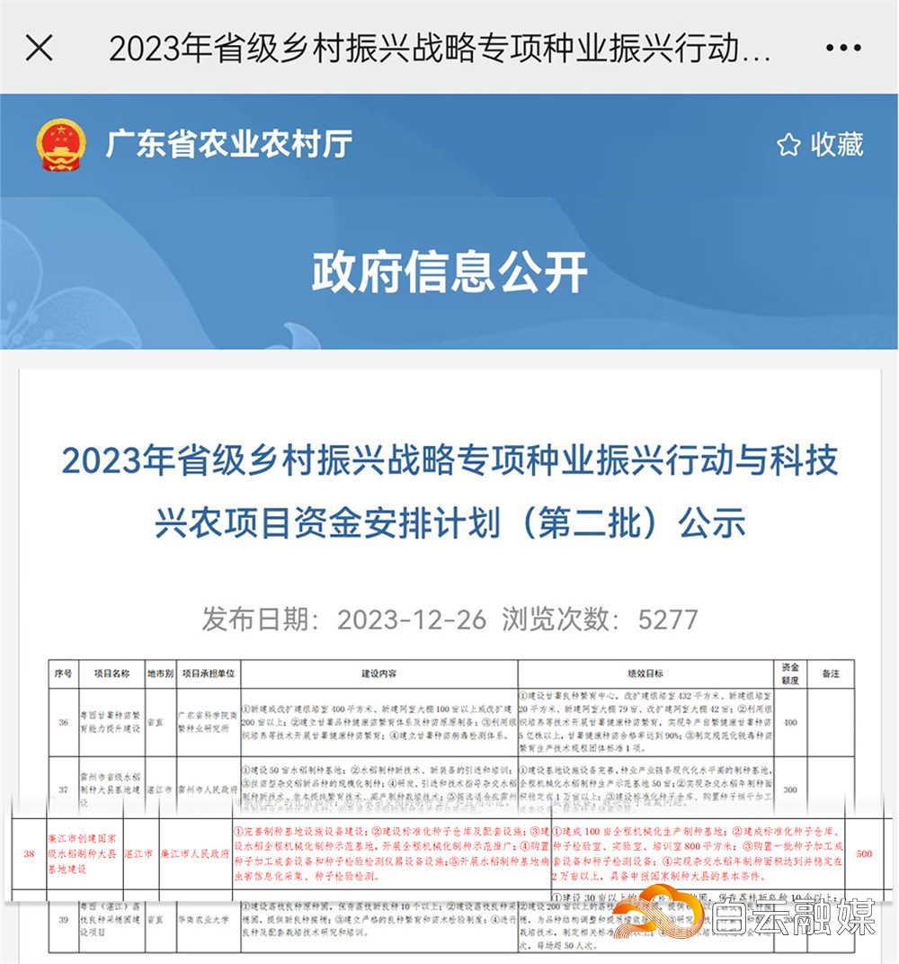 海露集团参与申报的“廉江市创建国家级水稻制种大县基地建设”项目获批通过
