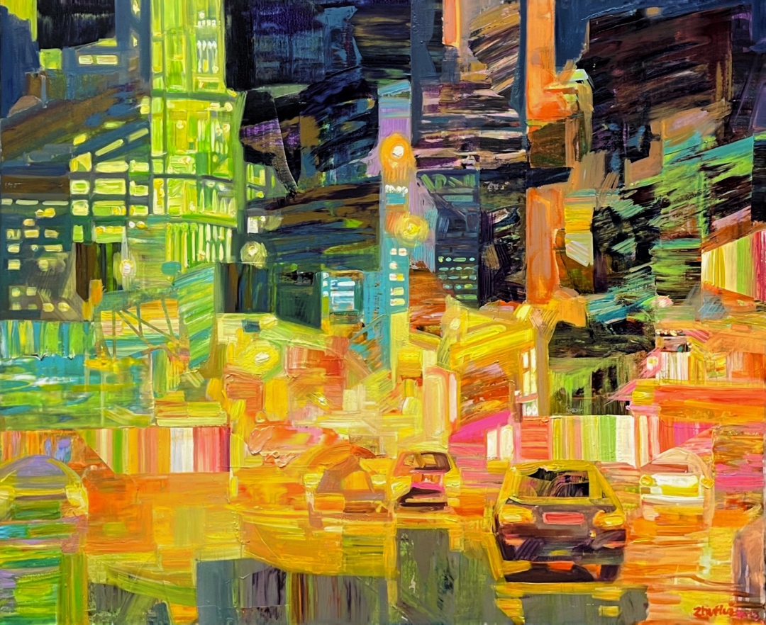 朱晖《幻城夜色·车流3》100cm×120cm 布面丙烯 2023年
