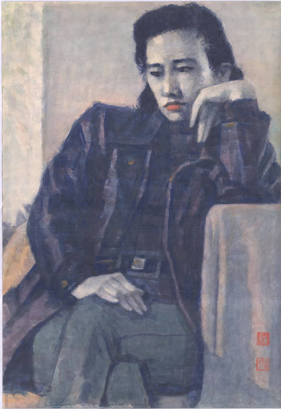 蓝格子衣少女 1991 王肇民 79×54.3 纸本水彩