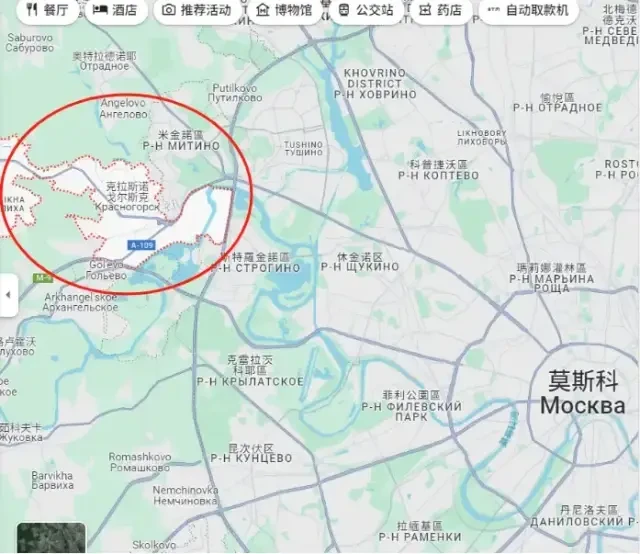 克拉斯诺戈尔斯克市,由莫斯科州管辖,位于莫斯科西北约22公里,在莫斯科河畔(红圈处) 克拉斯诺戈尔斯克市,由莫斯科州管辖,位于莫斯科西北约22公里,在莫斯科河畔(红圈处)