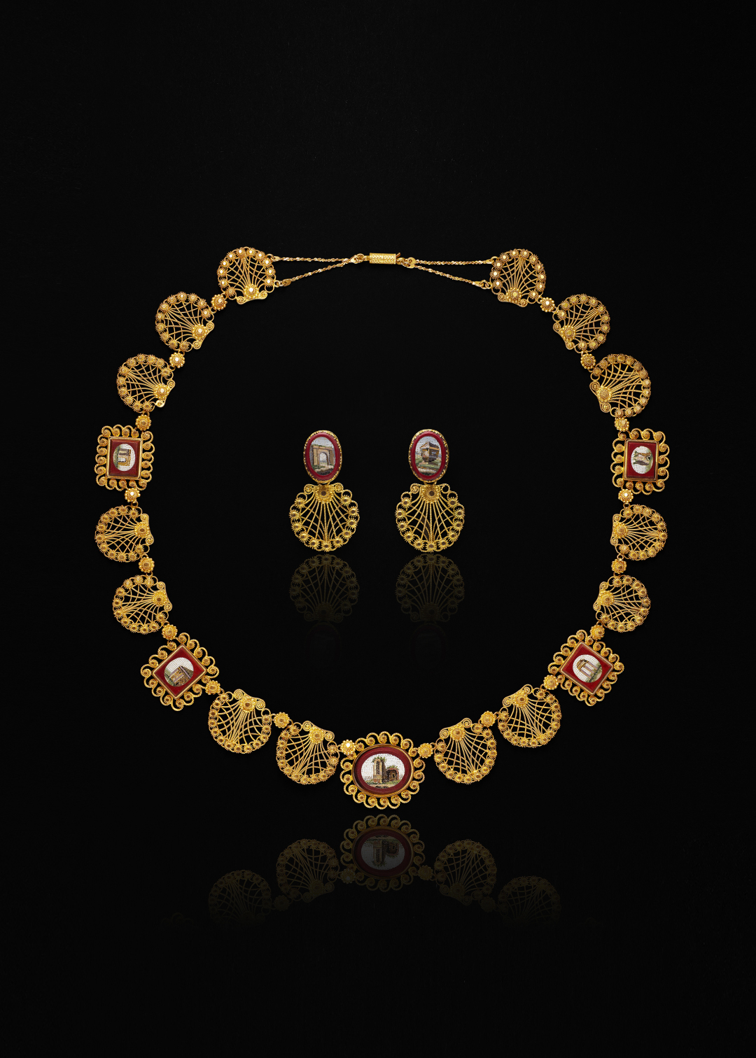 黄金花丝镶嵌微马赛克项链和耳坠套装