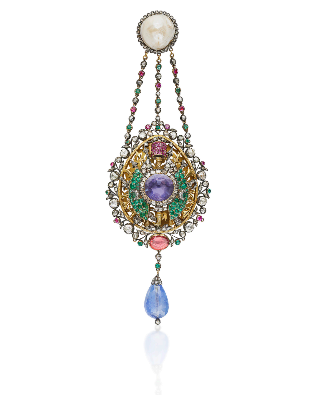 奥斯曼帝国风格珍珠蓝宝石大型胸针