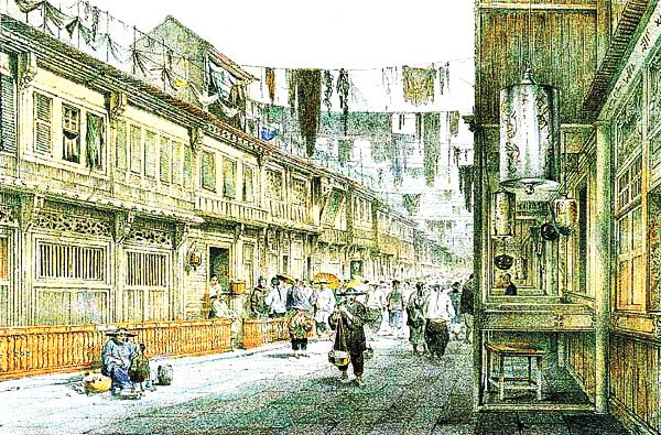 陆漪蔚-十三行同文街一景 19世纪 设色石版画 -FZ102813213568