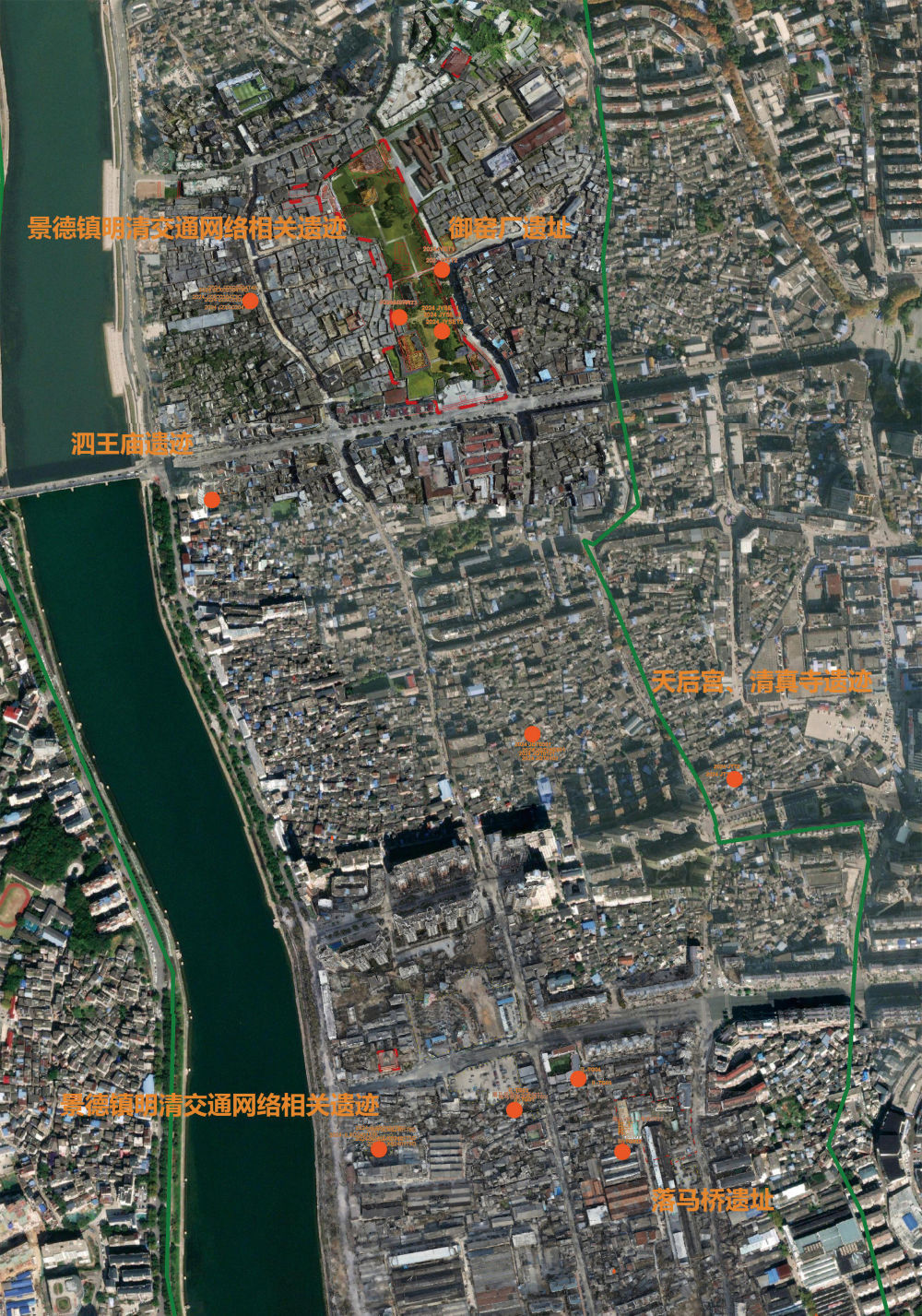 江西景德镇市元明清制瓷业遗址群2024年镇区发掘点位置示意图。新华社发(考古杂志社供图)