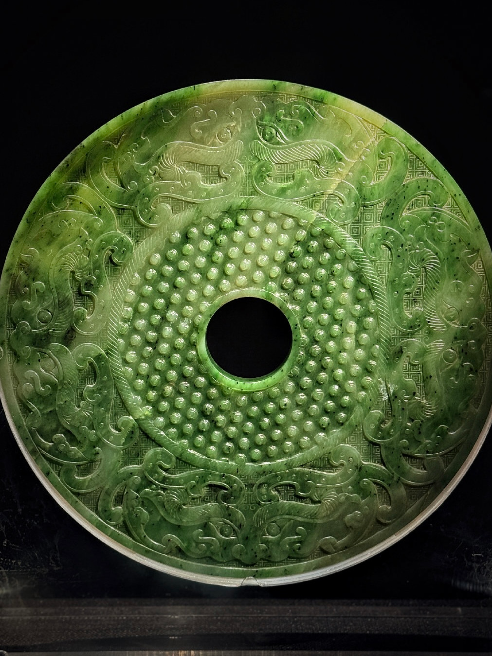 ZQ630◇明神◇極上珍品・中国・清時代・和田玉・碧玉彫り・寶相花紋