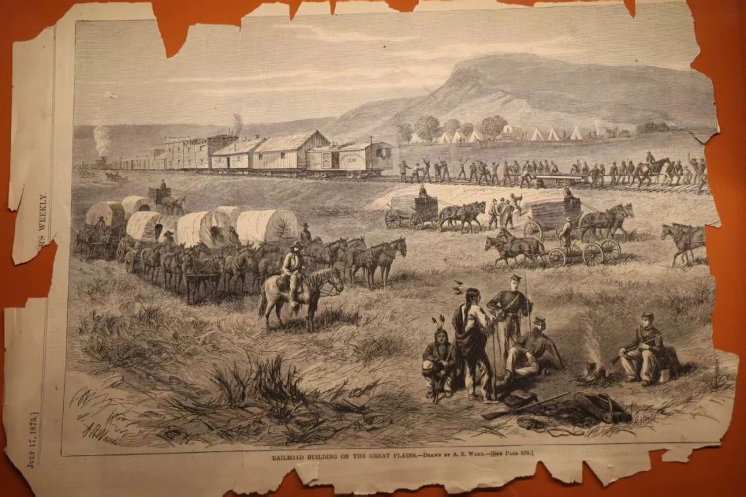 875年美国报纸刊登的修筑铁路工地的漫画中出现印第安人形象