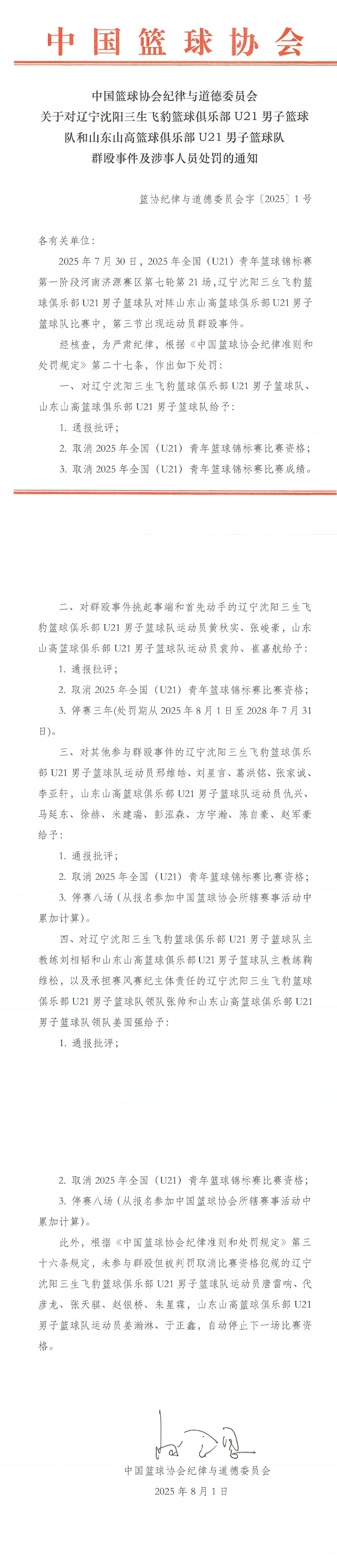 中国篮协通报辽宁山东U21群殴事件：4名球员停赛3年