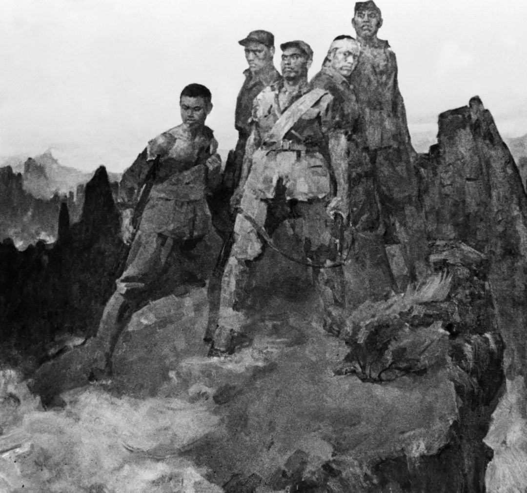 油画《狼牙山五壮士》。新华社