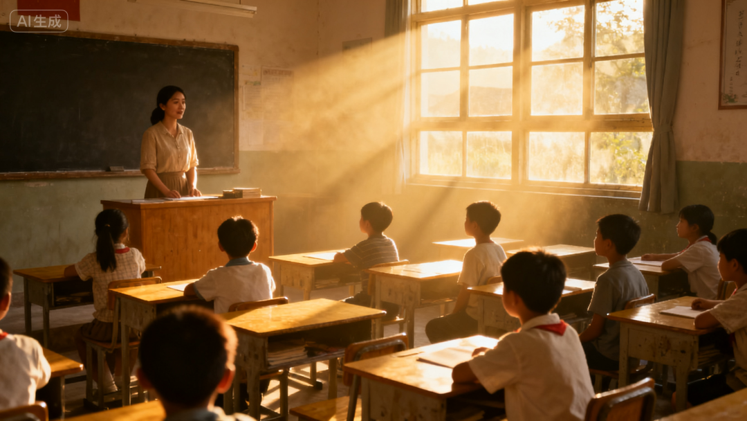jimeng-2025-09-11-6787-乡村小学，一缕清晨的阳光洒进教室，女老师在教学生，画面唯美明亮，黑板上没有字.png