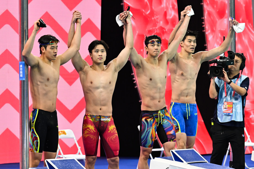 2025年11月10日,十五运会游泳项目男子4*100自由泳接力决赛,浙江队夺冠。