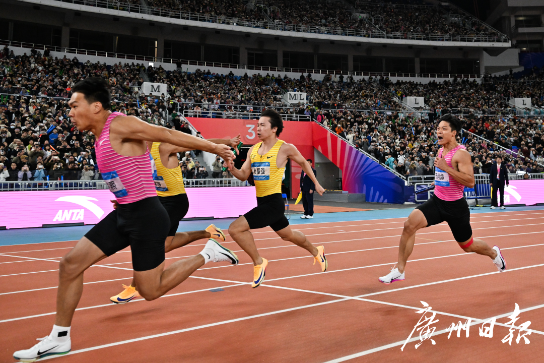 十五运会田径项目男子4乘100米接力决赛,比赛中广东队即将交棒瞬间。.jpg 十五运会田径项目男子4乘100米接力决赛,比赛中广东队即将交棒瞬间。.jpg
