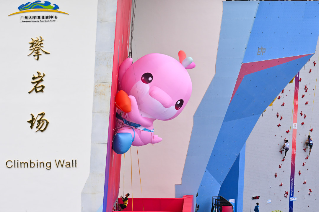 2025年11月13日,广州大学城体育中心极限运动中心,十五运会攀岩项目女子速度预赛,正在比赛的选手。