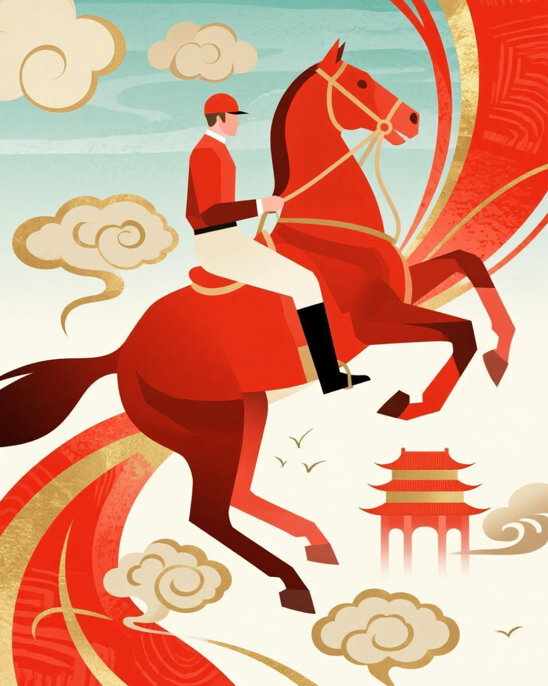 jimeng-2026-01-08-4544-扁平风格新中式马术赛事海报，几何造型的骑手与赛马融合传统祥云、古建轮廓，红金渐变....png