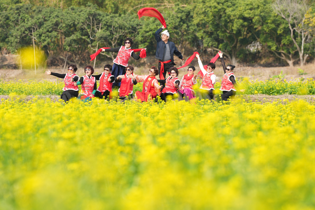 2026年1月28日,人们在深湾村“稻里·深湾”农业园的油菜花花海里合影留念。图/广州日报新花城记者:莫伟浓