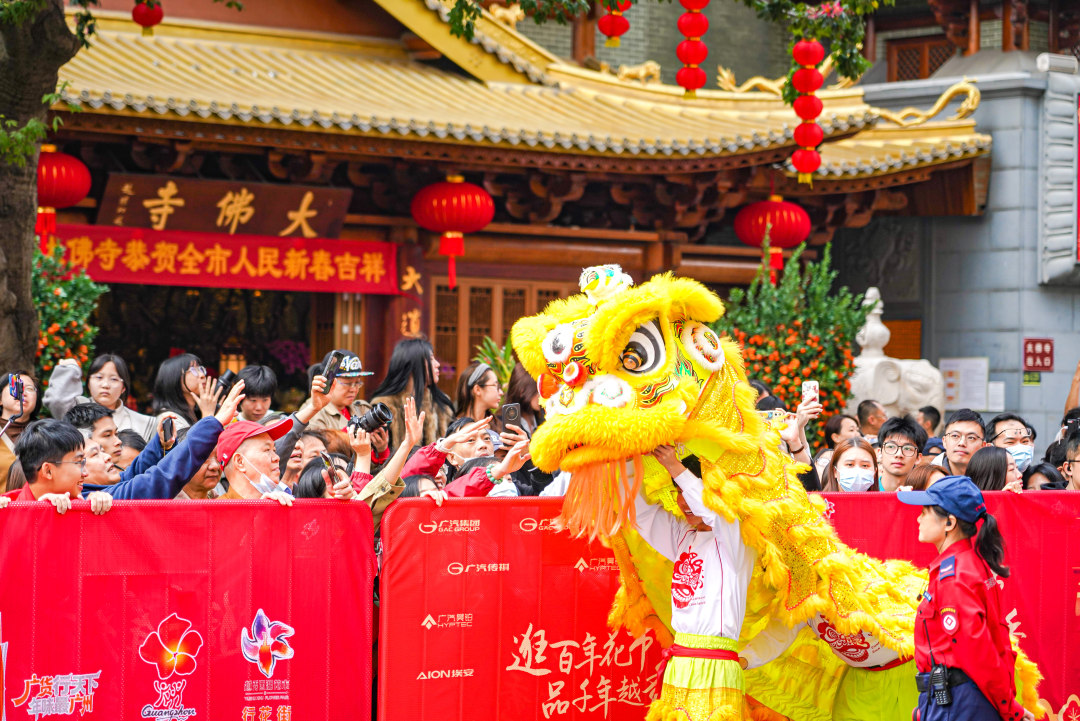 醒狮绕场奔跑,观众摸狮头摸个好寓意。