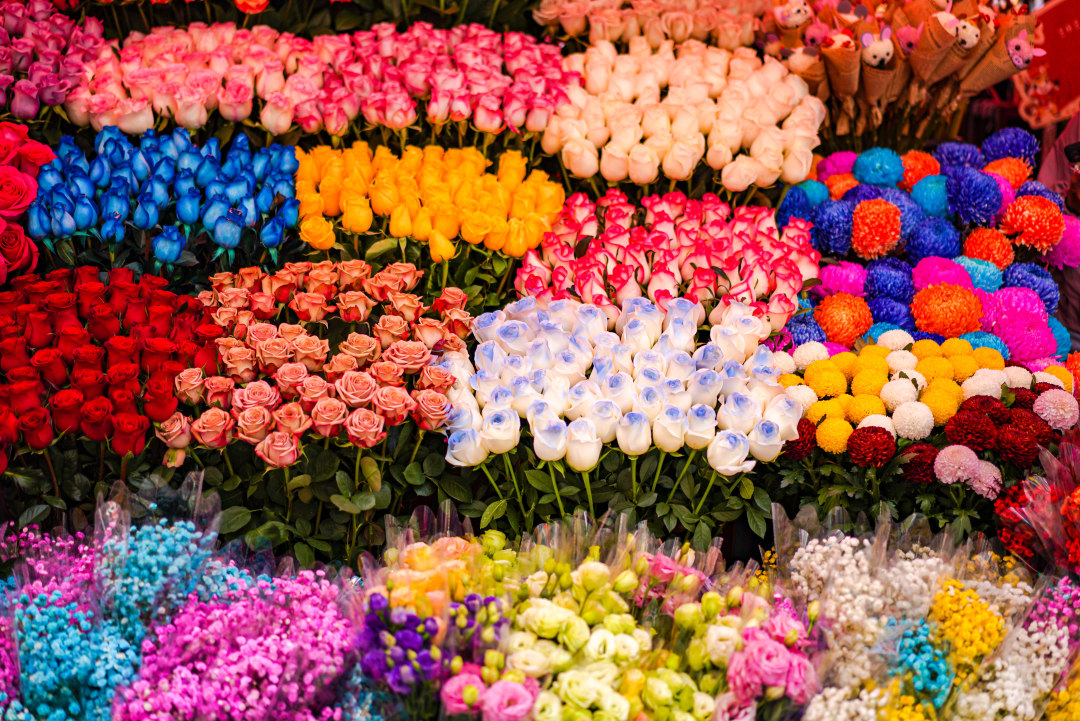 花市上五彩斑斓的鲜花。