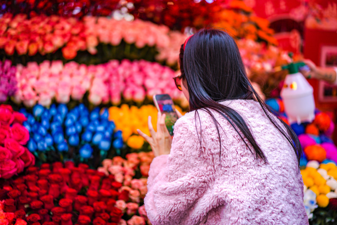 花市上五彩斑斓的鲜花吸引女生拍照。
