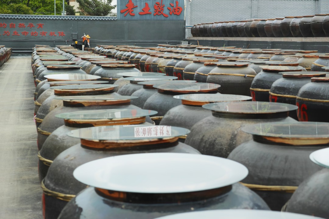 晒场中数百口承载着光阴的传统陶瓷缸,它们沐浴着天然阳光,通过日晒夜露酿制美味的酱油。