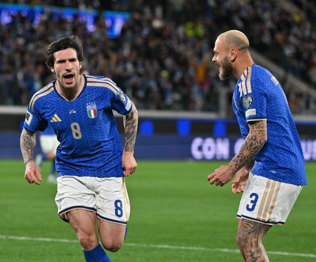 此前与北爱尔兰队的比赛，意大利队员托纳利（左）与队友迪马尔科庆祝进球。图片来源：新华社