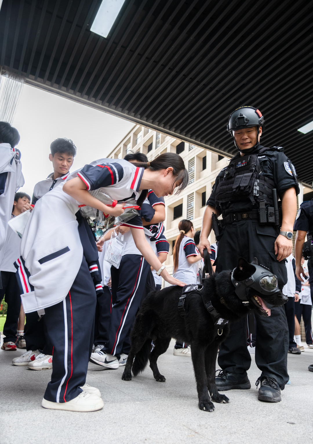 广州市培英中学云城校区考场,维持考场秩序的特警们带着警犬,跟考生们击掌加油,祝大家高考“旺旺”。考生们开心地跟帅气警犬互动。