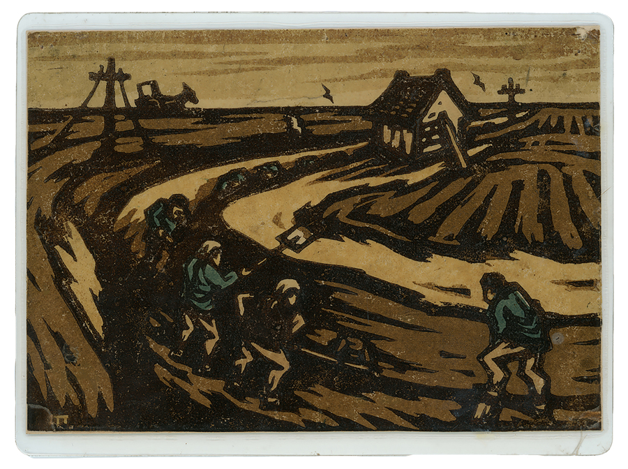 挖交通沟 胡一川 1944年 套色木刻 12.7×18.2cm 延安 胡一川研究所藏