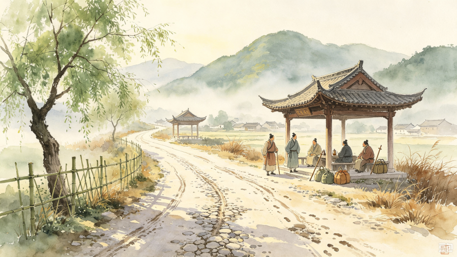 水彩画:古时官道与驿亭.png 水彩画:古时官道与驿亭.png