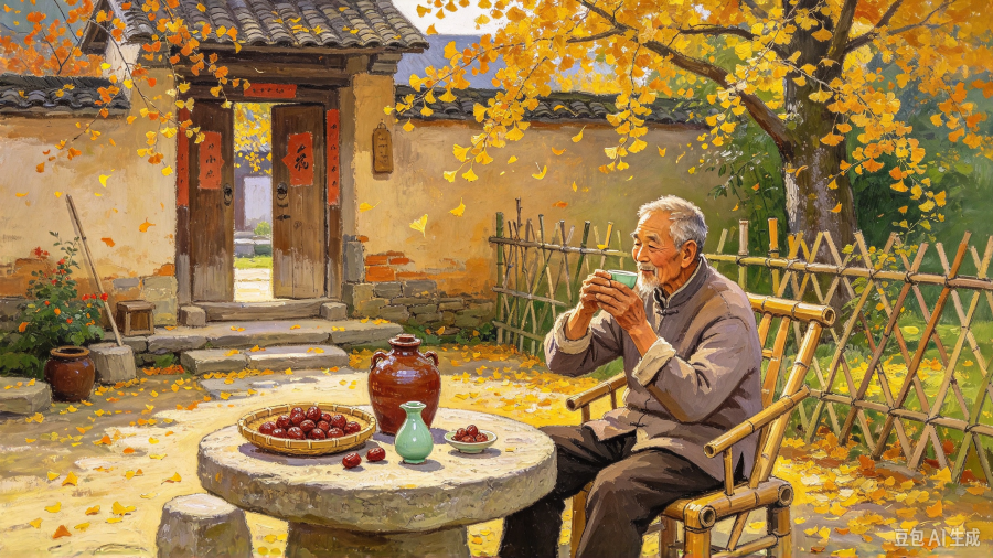 中国老人小院饮酒油画.jpeg