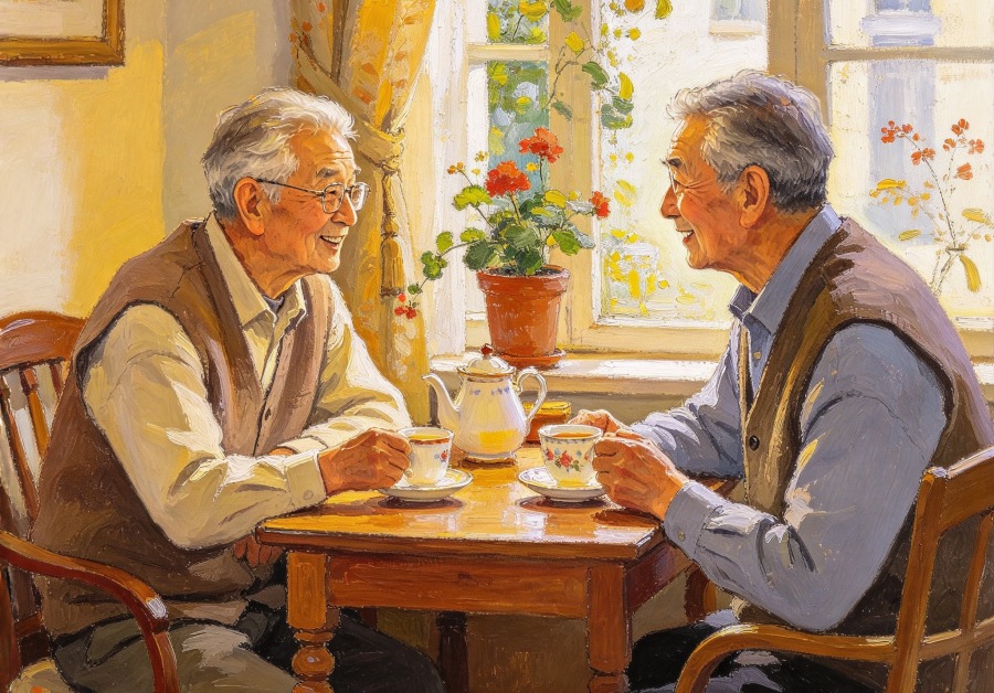 油画风格老友喝茶聊天图生成