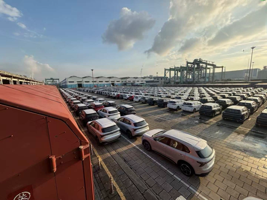 从火车卸到码头堆场上的汽车